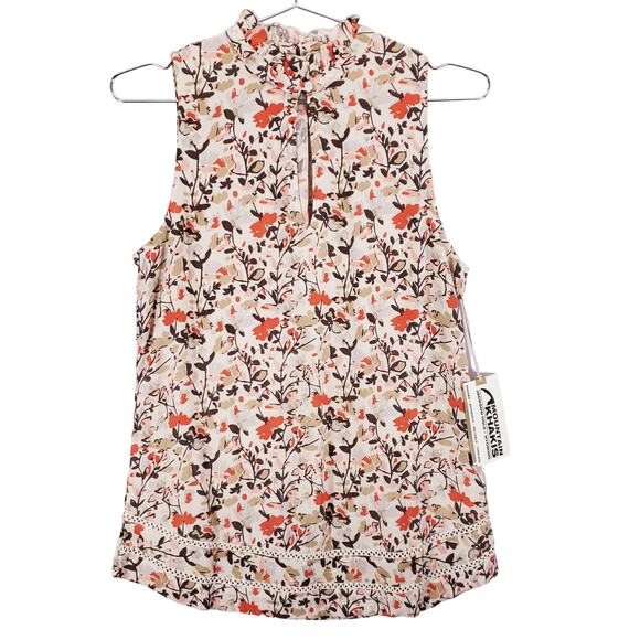 Mountain Khakis Shirt Womens Extra Small Cream Floral Ruffle Neck Keyhole Top - Picture 1 of 9
